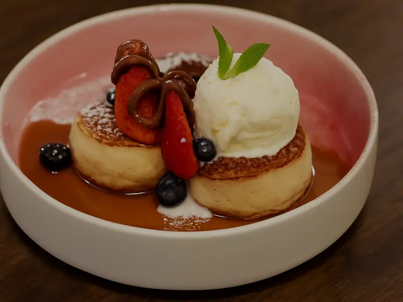 Two thick pancakes in a pink bowl with a scoop of ice cream, strawberries, blueberries and a drizzle of chocolate spread.