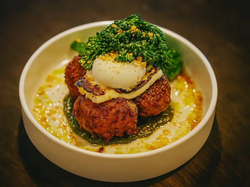 Crumbed puffs stacked in a white bowl, topped with a poached egg and charred broccolini over a yellow herb-flecked sauce.